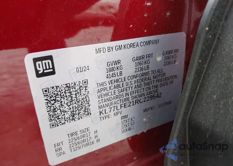 2024 Chevrolet Trax Fwd Sp из США, поврежденный, VIN KL77LFE21RC229542